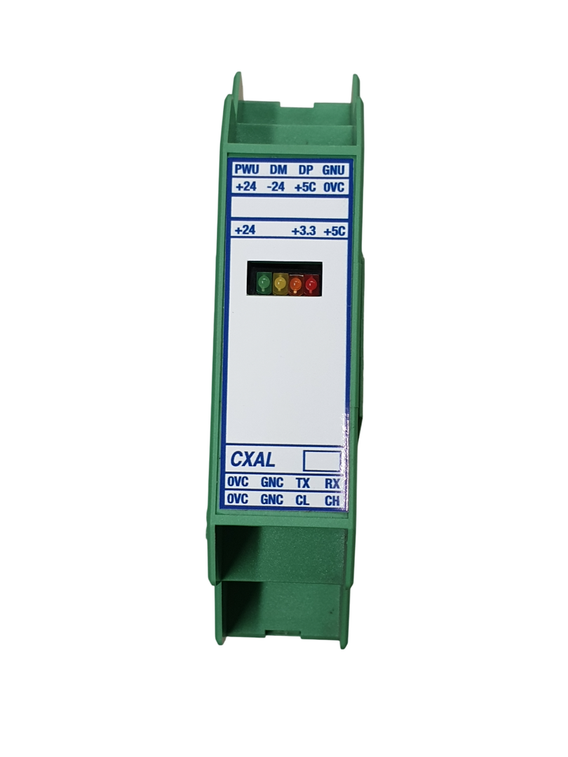 SCHEDA CXAL Scheda alimentatore schede serie CX per sistema can bus. Verde con led verdi, gialli e rossi. Etichetta bianca con scritte blu.