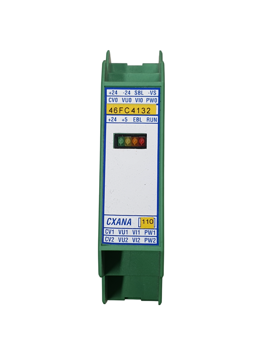 SCHEDA CXANA Scheda lettura segnali analogici. Verde con led verdi, gialli e rossi. Etichetta bianca con scritte blu.