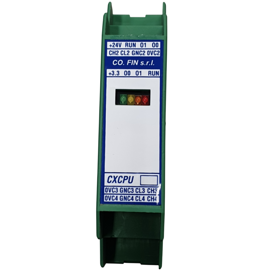 SCHEDA CXCPU Scheda CPU schede serie CX per sistema can bus. Verde con led verdi, gialli e rossi. Etichetta bianca con scritte blu.