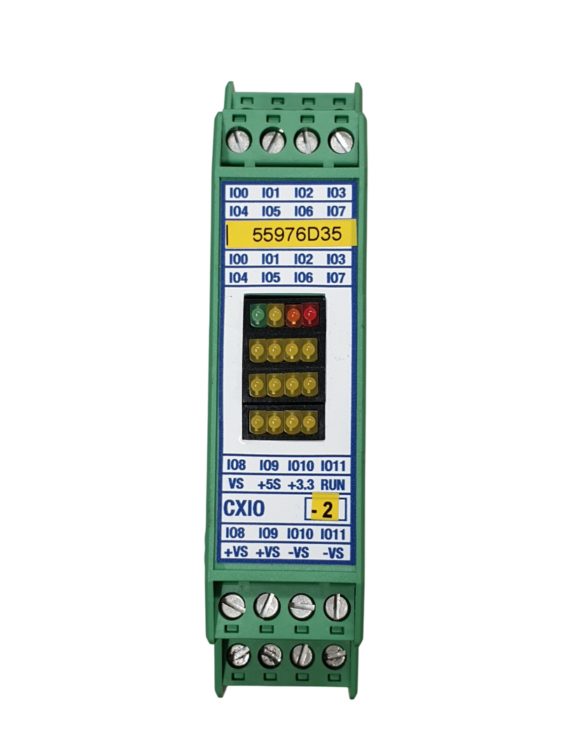 SCHEDA CXIO-2 Scheda ingressi/uscite. Scheda lettura segnali analogici. Verde con led verdi, gialli e rossi. Etichetta bianca con scritte blu.