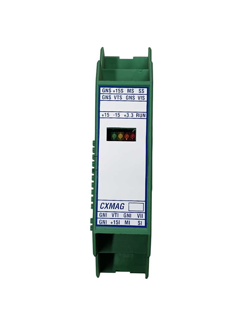 SCHEDA CXMAG Scheda controllo aggancio magnetico. Scheda lettura segnali analogici. Verde con led verdi, gialli e rossi. Etichetta bianca con scritte blu.