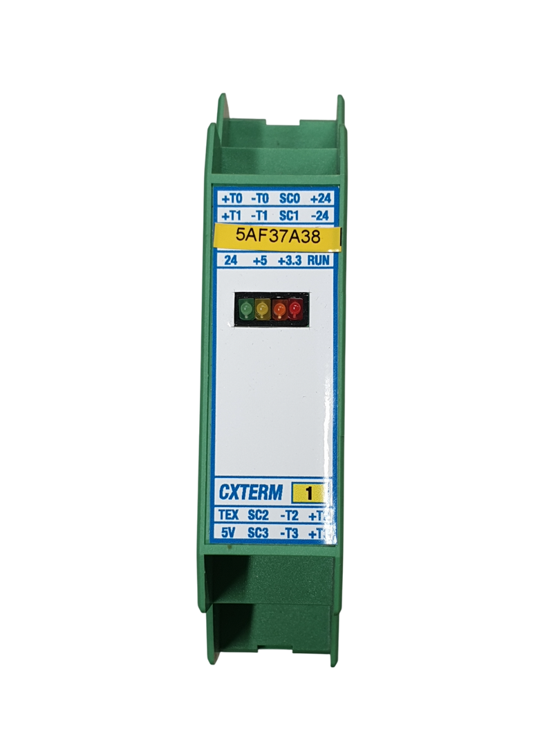 SCHEDA CXTERM Scheda lettura Termocoppie fe-co. Scheda lettura segnali analogici. Verde con led verdi, gialli e rossi. Etichetta bianca con scritte blu.