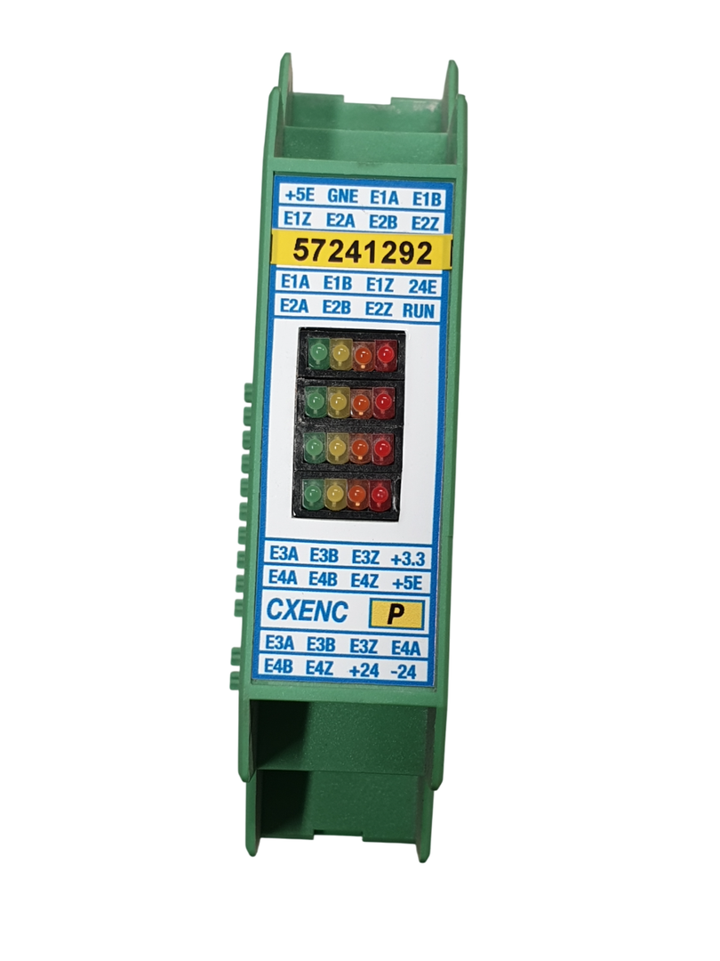 Scheda lettura encoder configurabile in 3 modalità. Scheda lettura segnali analogici. Verde con led verdi, gialli e rossi. Etichetta bianca con scritte blu.