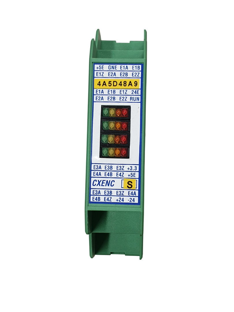 Scheda per lettura encoder SSI per sitemi in CAN BUS. Scheda lettura segnali analogici. Verde con led verdi, gialli e rossi. Etichetta bianca con scritte blu.